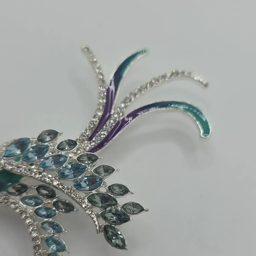 Anne Klein Signed Bird Brooch Silver Tone Blue Rhinestone Enamel